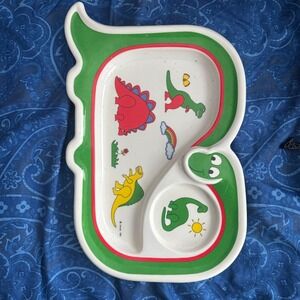 Oneida 1987 Dinosaur Toddler Divided Plate Melamine Green Red BPA Free